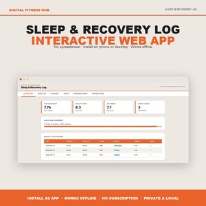 Puede incluir: Una interfaz de aplicación web interactiva Sleep & Recovery Log mostrada en una pantalla. El panel presenta métricas para horas de sueño promedio, puntaje de calidad, energía y entradas totales, junto con una barra de progreso de metas.