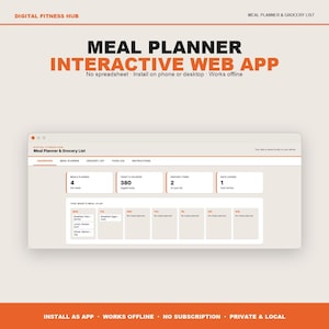 May include: A digital meal planner and grocery list interactive web app interface. The screen displays a dashboard with tabs for meal planning, grocery lists, food logs, and instructions, featuring metrics for meals planned, calories, and food entries.
