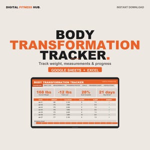 Puede incluir: Un rastreador digital de transformación corporal con el texto "BODY TRANSFORMATION TRACKER" en naranja y negro. El rastreador muestra el peso, las calorías, la ingesta de agua, el sueño y los niveles de energía. Diseñado para Google Sheets y Excel.