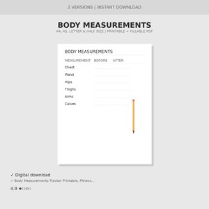 Puede incluir: Un rastreador imprimible de medidas corporales, titulado "BODY MEASUREMENTS". Incluye secciones para pecho, cintura, caderas, muslos, brazos y pantorrillas, con columnas "ANTES" y "DESPUÉS". Un lápiz está a la derecha.