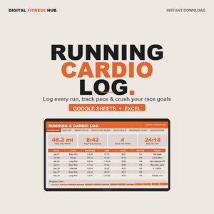 Puede incluir: Una plantilla digital de registro de carrera y cardio para Google Sheets y Excel. El gráfico presenta el texto RUNNING CARDIO LOG, con una vista previa de un panel que muestra métricas como la distancia total, el ritmo promedio y el tiempo.