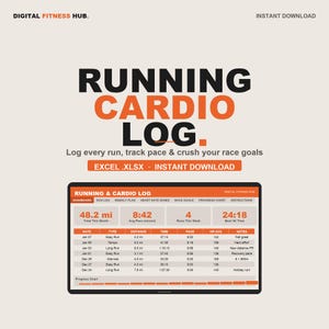 May include: A digital running cardio log spreadsheet template featuring the text RUNNING CARDIO LOG, EXCEL .XLSX, and DIGITAL FITNESS HUB. The interface displays a dashboard with metrics including total distance in miles, average pace, and run history.