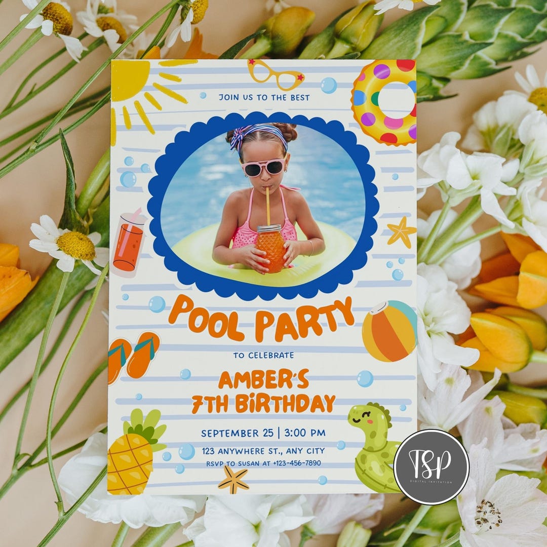 Photo Party Invitations Editable Pool Party Birthday Invitation, Photo Summer Party Invitation ...