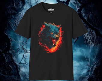 Werewolf Inferno Unisex Softstyle T-Shirt, Gothic Horror Tee, Halloween Costume Shirt, Classic Monster Apparel, Halloween Tee, Spooky
