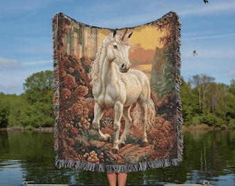 Mystical Unicorn Woven Blanket, Cozy Home Decor, Unique Gift for Unicorn Lovers, Bohemian Room Accents, Fantasy Throw