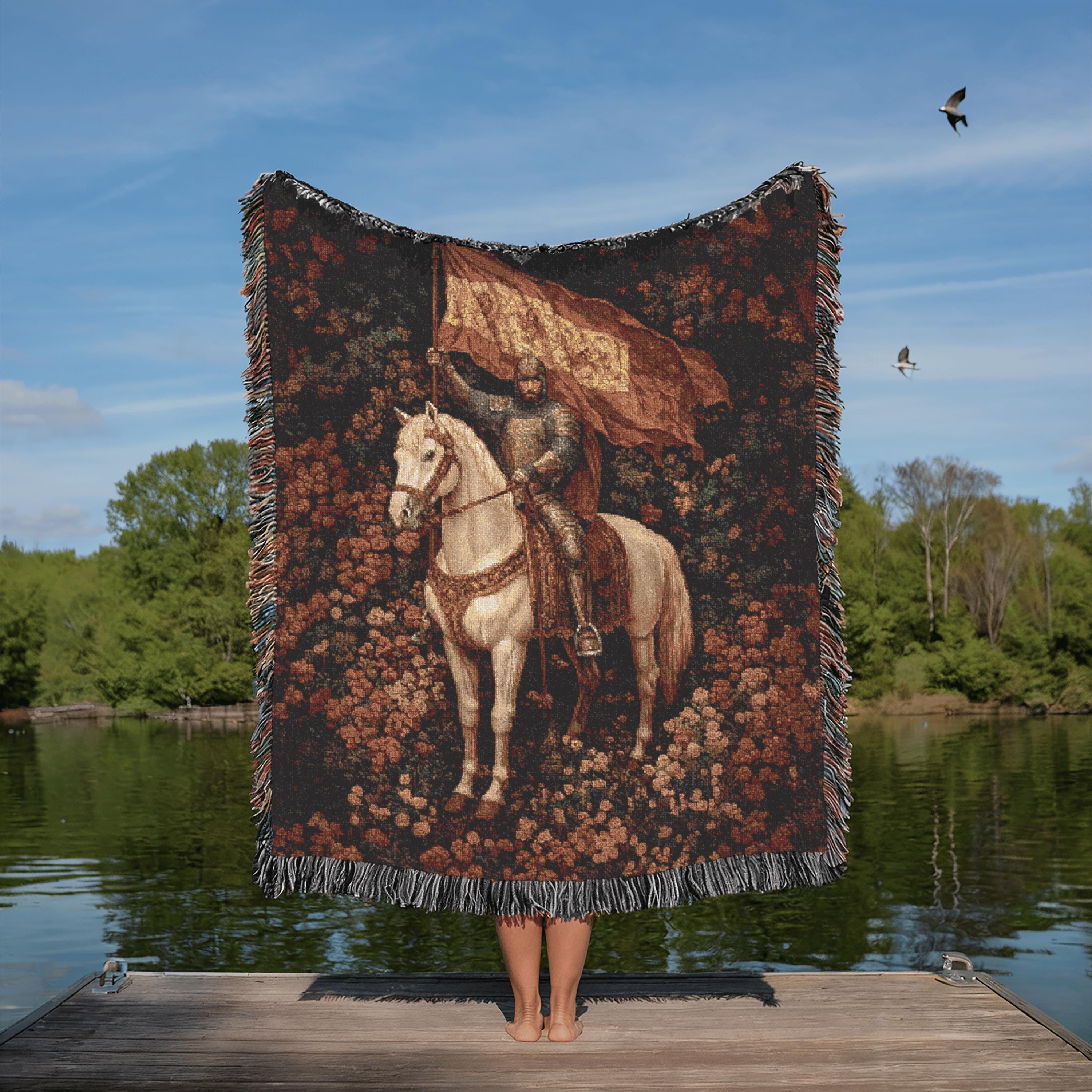 Knight with Banner Woven Blanket, Medieval Antique Style - Gothic Flowers, Home Decor Throw - Vintage Tapestry, Wall Hanging, Dorm Bedding,