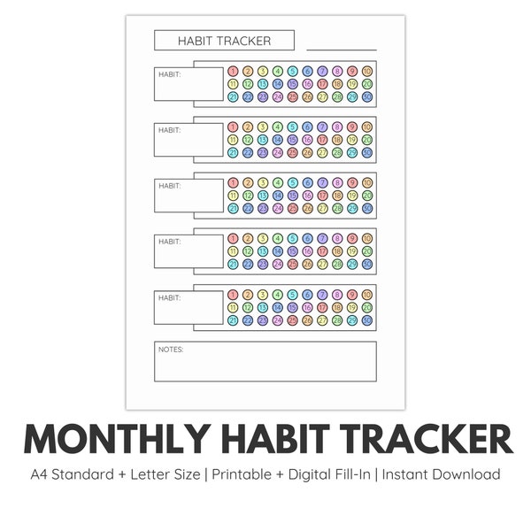 Monthly Habit Tracker | Printable + Fillable PDF, A4 + US Letter Size, Monthly Planner, Habit Tracker, Cute and Pastel, Daily Habit Tracker