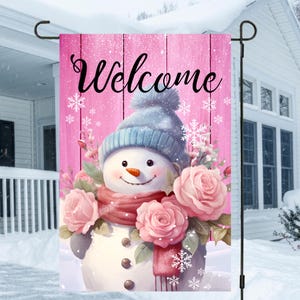 12 x 18 tuinvlag, wintersneeuwpop, vintage roze sneeuwpop, tuinvlag, kersttuinvlag, tuinbord, wintervlag, digitaal ontwerp, png