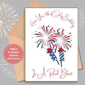 Biglietto di compleanno patriottico, Biglietto del 4 luglio, Fuochi d'artificio, Biglietto rosso, bianco, blu, Biglietto di compleanno American Pride, Compleanno dello zio Sam stampabile