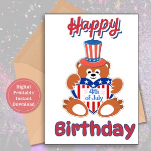 Patriotic Teddy Bear Birthday Card, 4th of July Card, Red, White, Blue Card, American Pride Birthday Card, Uncle Sam Birthday Printable