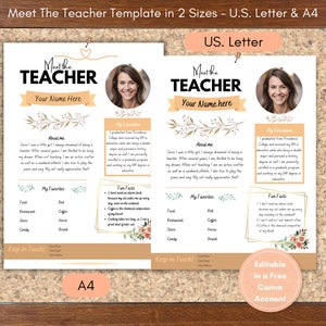 Editable Meet The Teacher | Teacher Template |  | Back to School | New Teacher | Classroom Newsletter | Teacher Resource | 2 Sizes U.S  | A4