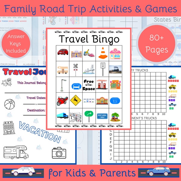 Road Trip Family Activity Vacation Bundle, Bingo Scavenger Hunt, Card Game, Travel Journal, Drawing, Team Games, Rainy Day Fun 80+ pages