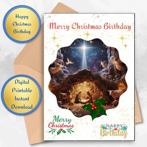 Tarjeta de cumpleaños navideña única y feliz, tarjeta navideña para el día de la Natividad, tarjeta de cumpleaños navideña digital, tarjeta de cumpleaños navideña imprimible para el pesebre