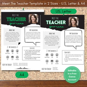 Editable Meet The Teacher | Teacher Template |  | Back to School | New Teacher | Classroom Newsletter | Teacher Resource | 2 Sizes U.S  | A4