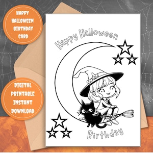Cartão de aniversário de Halloween, cartão de aniversário exclusivo, cartão de Halloween para impressão, cartão de feliz aniversário de Halloween em PDF e PNG