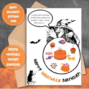 Halloween Birthday Card, Funny Birthday Card, Printable Halloween Card, Happy Birthday Halloween Card, Witch Crystal Ball, PDF and PNG
