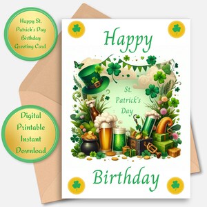 Art irlandais, Saint-Patrick, jolie carte de joyeux anniversaire, anniversaire de mars, Irlande, art trèfle à quatre feuilles, bière, trèfles, chapeau, or PDF et PNG