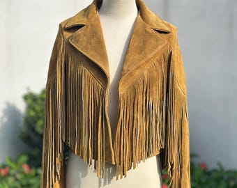 Womens Brown Suede Leather Fringe Jacket: Western Cowgirl Style