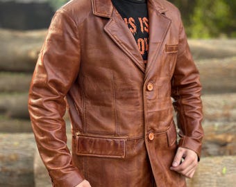 Men's Distressed Brown Lambskin Leather Blazer: Three-Button Coat