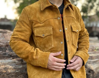 Mens Brown Suede Trucker Jacket: Western Style Leather Jacket
