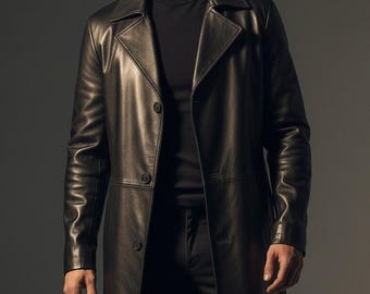 Men's Genuine Lambskin Leather Trench Coat: Long Black Overcoat
