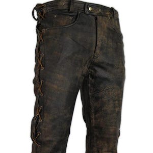 Men&#39;s Brown Distressed Leather Side Laces Biker Pant, Men Brown Wax Leather Cafe Racer Pant, Party Pants, Club Pant, Gift For Him