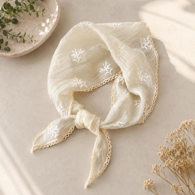 May include: A cream-colored triangular headscarf made of a lightweight, textured fabric. The scarf features delicate white floral embroidery scattered across the surface and is finished with a decorative scalloped crochet trim along the edges.