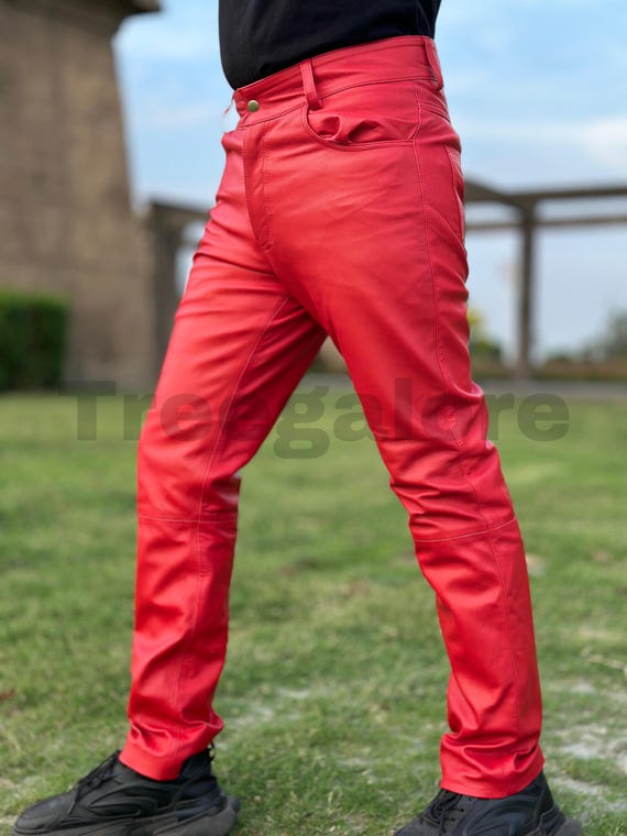 Pantalones de motociclista de cuero genuino rojo para hombre