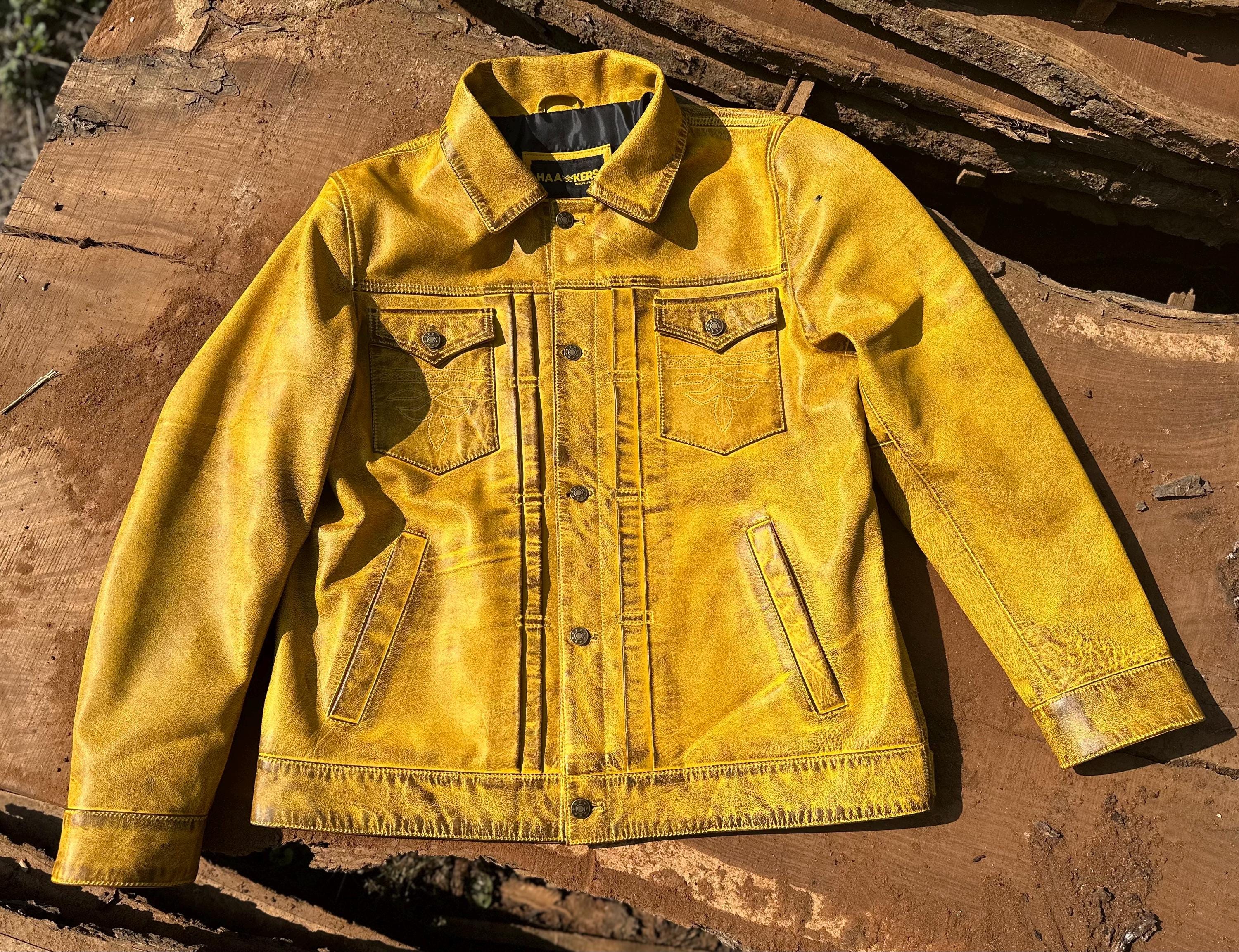 Leather Jacket Men Yellow Denim Jacket Yellow Denim Trucker Jacket