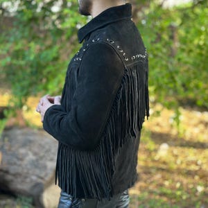 Veste en cuir suédé noire à franges pour hommes, Veste cowboy en daim souple de style western à franges, Veste en cuir suédé à franges, Veste western