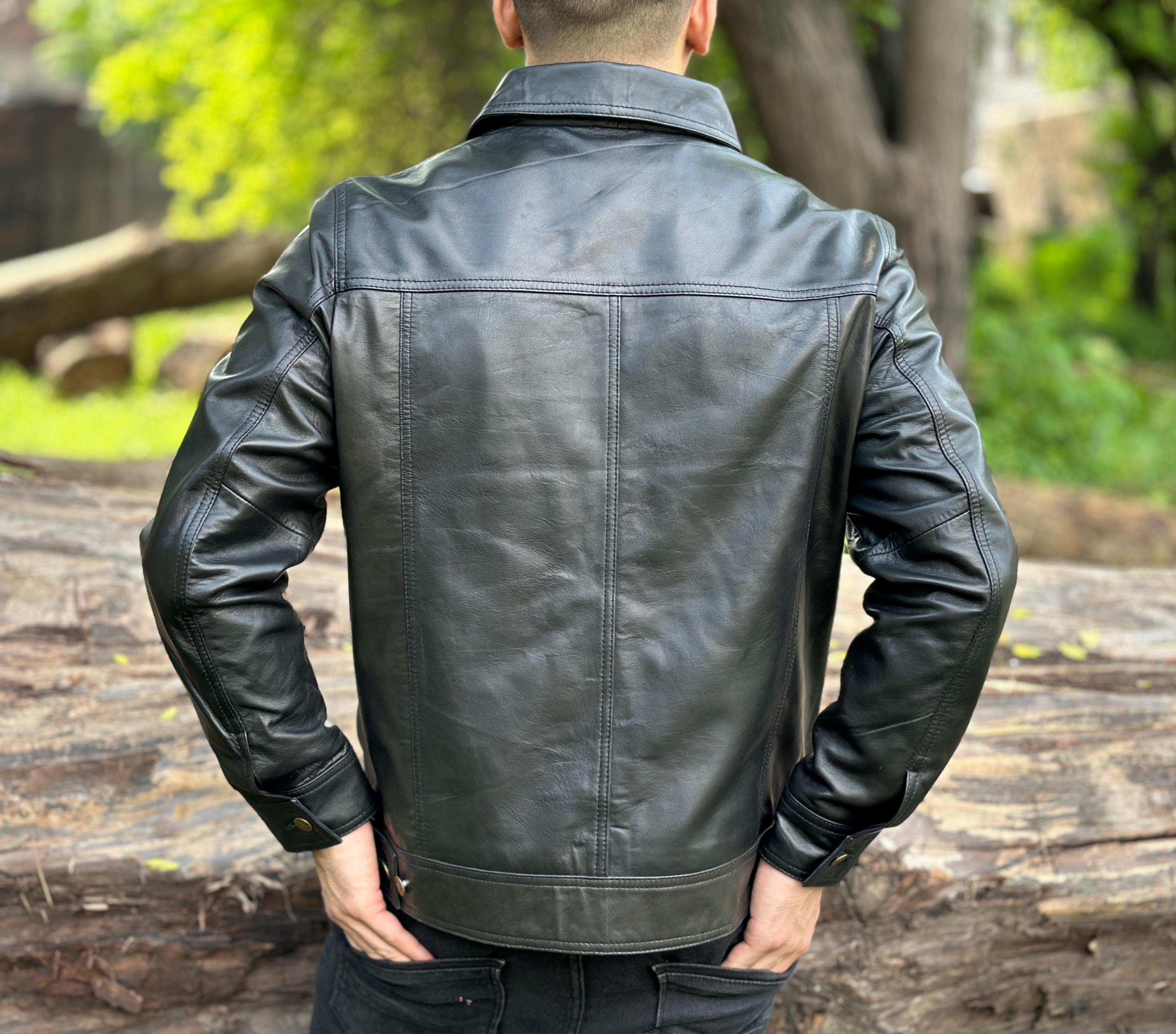 Men's Black Lambskin Leather Trucker Jacket: Western Style - Etsy