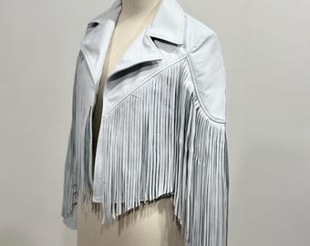 Women's White Lambskin Leather Fringe Jacket, Western Festival Style