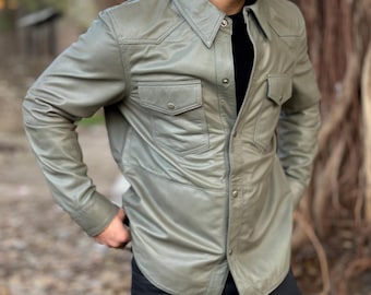 Men's Lambskin Leather Biker Shirt: Slim Fit Grey Motorcycle Shirt