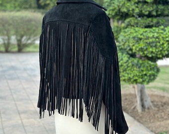 Womens Black Suede Fringe Jacket, Western Festival Style