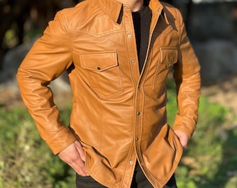 Men's Brown Lambskin Leather Biker Shirt - Slim Fit