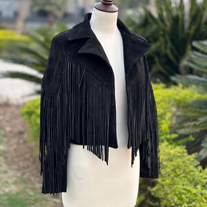 Womens Black Real Suede Cowgirl Fringe Jacket, Western Style Black Suede Leather Fringed Jacket, Festival Jacket, Ladies Jacket, Wife Gift