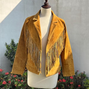 Chaqueta de gamuza marrón con flecos para mujer, chaqueta de gamuza auténtica marrón con borlas para mujer, chaqueta vaquera, regalo para ella
