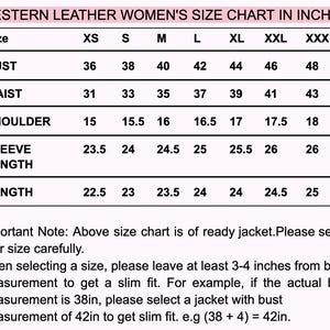 May include: A size chart for western leather jackets, with measurements in inches. The chart shows bust, waist, shoulder, sleeve length, and jacket length for sizes XS to XXXL. The text at the bottom provides sizing guidance.