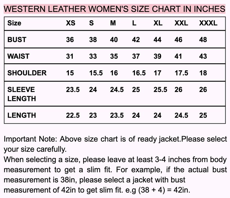 May include: A size chart for western leather jackets, displaying measurements in inches. The chart includes bust, waist, shoulder, sleeve length, and jacket length measurements for sizes XS to XXXL. The text at the bottom provides sizing guidance.
