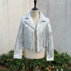 Veste à franges en cuir d'agneau véritable blanc 100 %, veste à franges en cuir souple blanche pour femme, veste à franges western, cadeau pour elle