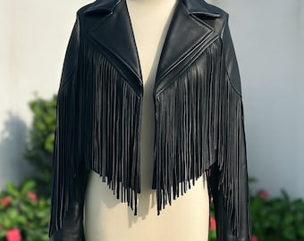 Women's Black Genuine Lambskin Leather Fringe Jacket, Western Style Black Leather Fringed Jacket For Women, Festival Jacket, Christmas Gift