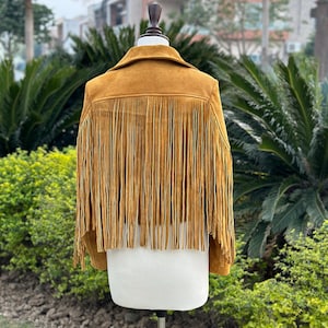 Veste marron 100 % cuir suédée à franges pour femme, Veste marron à franges en daim doux de style western, Veste de festival, Veste de soirée
