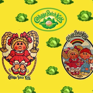 May include: A yellow background with Cabbage Patch Kids graphics. Includes a logo with a baby in a cabbage, a girl with pigtails skipping, and a pair of children under a rainbow. Green cabbage illustrations are scattered.