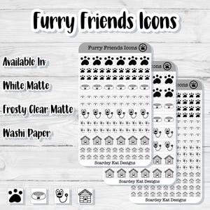 May include: Three sticker sheets with black and white pet-themed icons, including paw prints, food bowls, stethoscopes, and dog houses. The text "Furry Friends Icons" is at the top. Available in white matte, frosty clear matte, and washi paper.