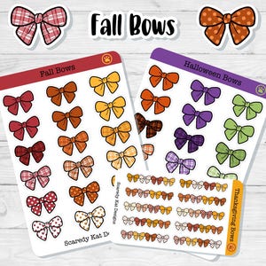 May include: Sticker sheets featuring various bow designs for fall and Halloween. The sheets include bows in shades of red, orange, yellow, and green, with plaid, polka dot, and solid patterns. The text "Fall Bows", "Halloween Bows", and "Thanksgiving Bows" is visible.
