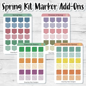 May include: A collection of colorful sticker sheets labeled "Spring Kit Marker Add-Ons." Each sheet features a grid of small, geometric shapes in various pastel colors. The sheets are titled "Spring Rain," "Promise of Spring," "Shamrock Season," and "Hopping into Spring."