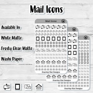 May include: A set of black and white mail-themed stickers featuring various mailboxes, envelopes, stamps, and other mail-related icons. The stickers are available in white matte, frosty clear matte, and washi paper.