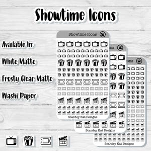 May include: A set of black and white movie themed stickers with icons of a television, popcorn bucket, movie ticket, and a clapperboard. The stickers are available in white matte, frosty clear matte, and washi paper. The text "Showtime Icons" is at the top of the image.