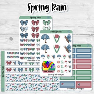 Spring Rain Planner Stickers: Bows, Doodles, Washi Strips