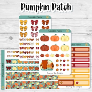 May include: A sticker sheet set titled Pumpkin Patch featuring various autumn-themed illustrations including orange and cream pumpkins, red and yellow bows, acorns, leaves, and a small fox character with the text Collect Moments by Scardey Kat Designs.